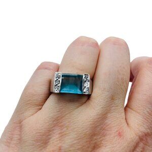 Sterling Silver 925 Faceted Rectangle Blue Clear CZ Ring Size 7.25 Signed FAS
